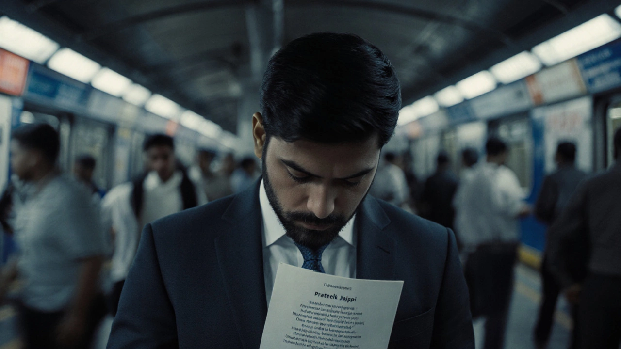 A man in a suit crying alone in a crowded Mumbai subway, holding a printed poem.