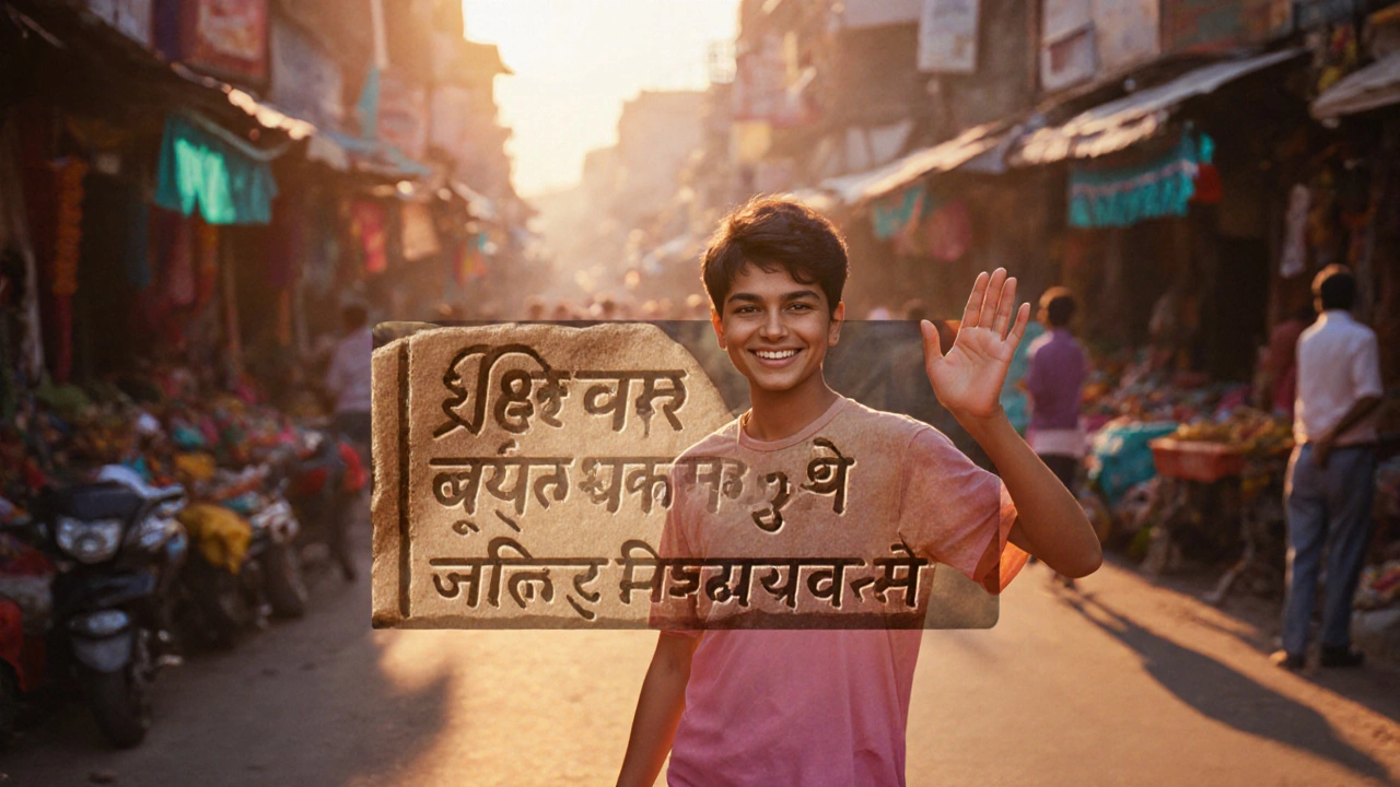 A modern person greets someone, with a faint ancient tablet image superimposed, linking past and present.