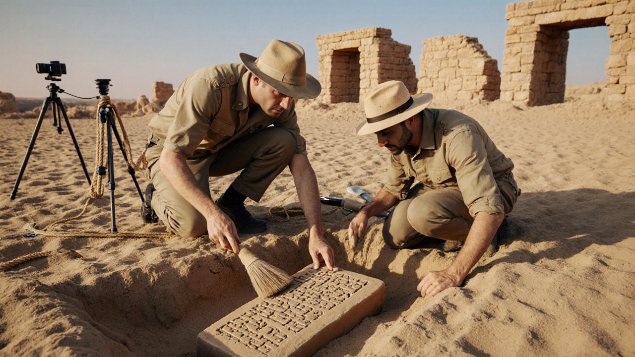 Archaeologists uncover a baked‑clay Sumerian tablet with cuneiform in a desert dig site.