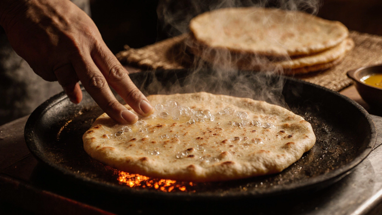 Close-up of roti puffing on a hot griddle, with millet bhakri and ghee nearby.