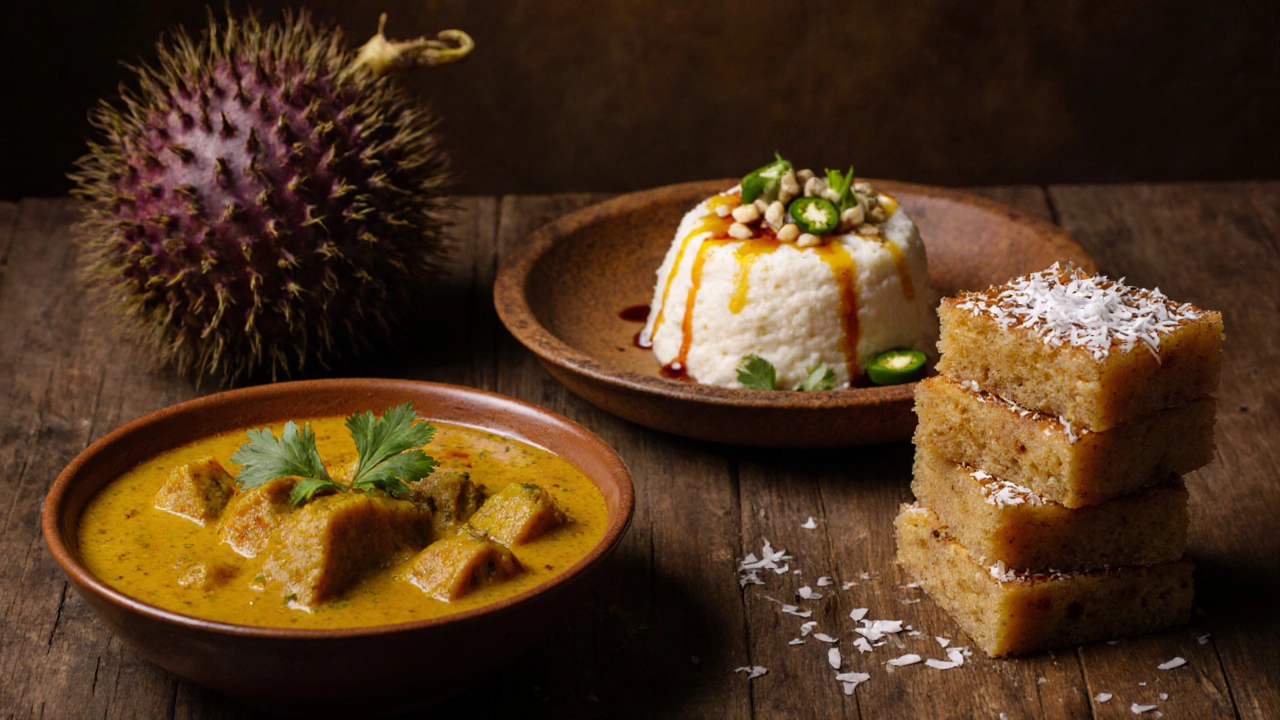 Close‑up of rui kathal curry, kathal bhorta, and kathal pitha on a wooden table.
