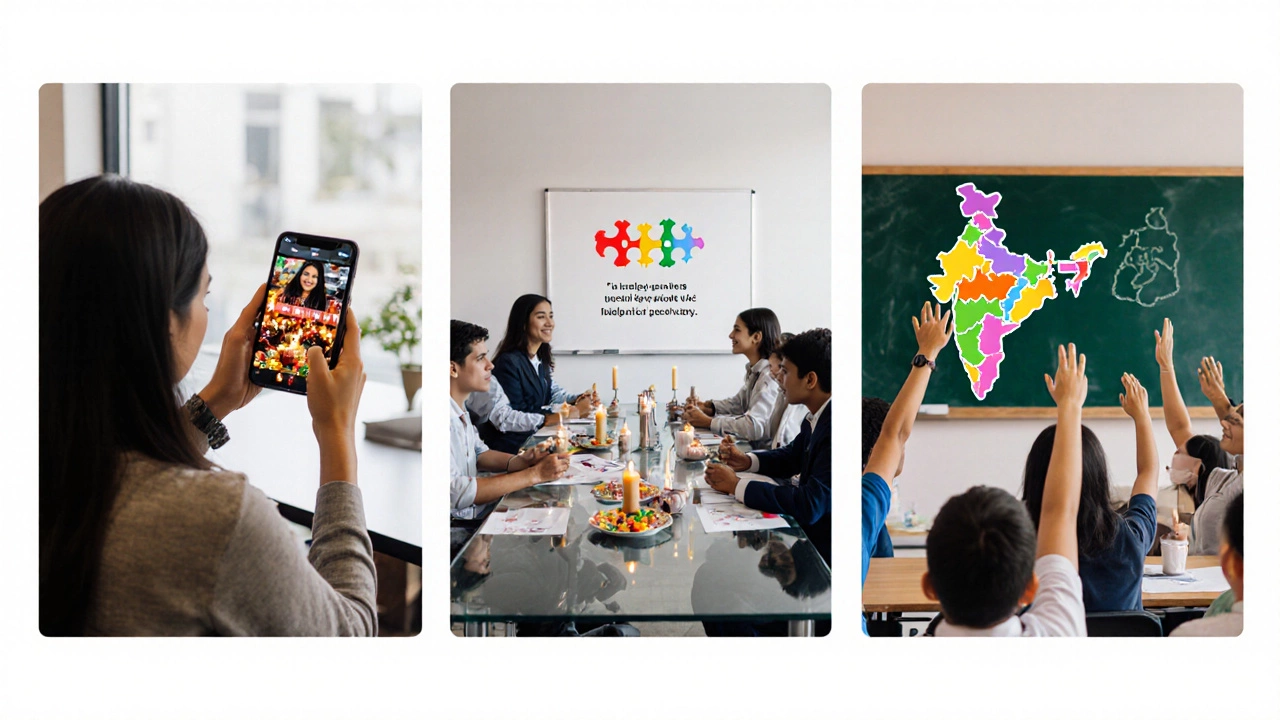 Collage of a woman posting a video, a diverse corporate meeting, and a multicultural classroom.