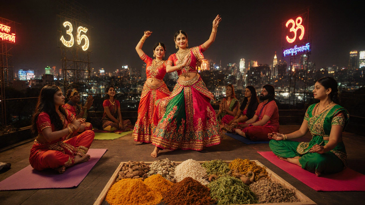 Colorful Bollywood dance on a rooftop with yoga practice and Ayurvedic herbs.