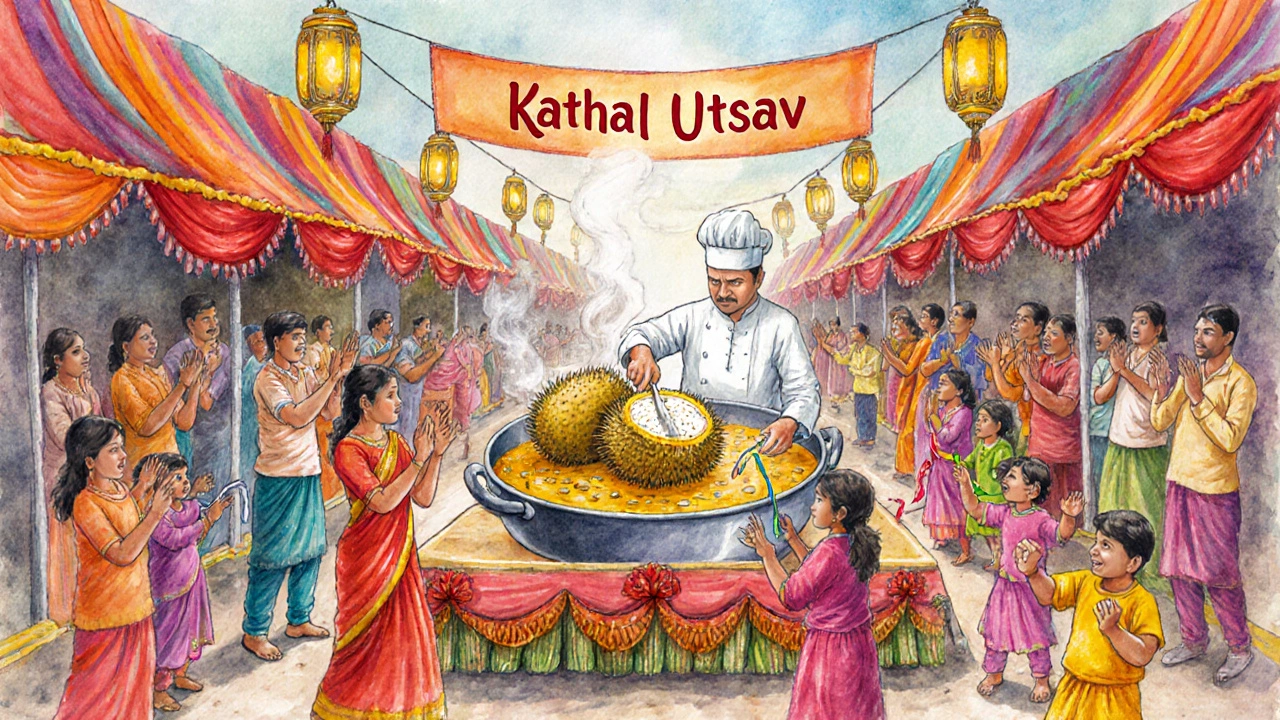 Colorful illustration of the Kathal Utsav festival with cooking demos and dancing crowds.
