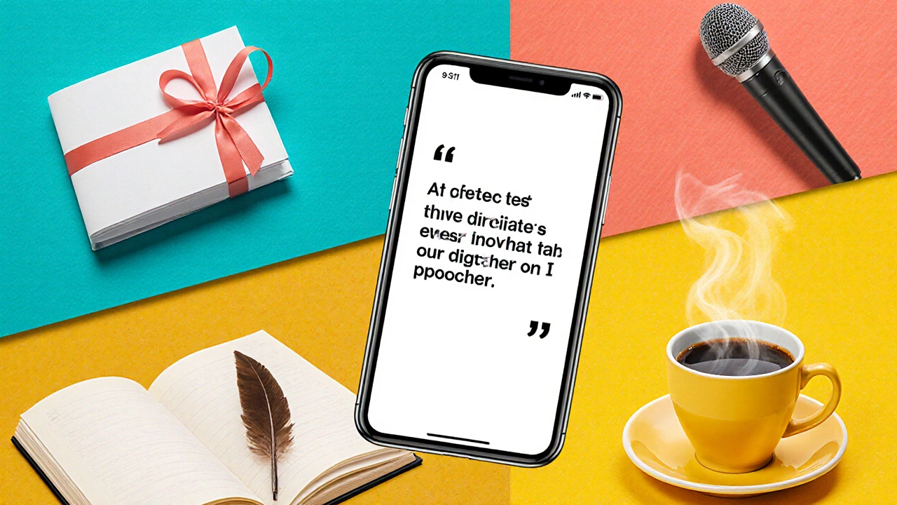 Digital collage showing a friendship quote on a phone surrounded by a card, microphone, journal, and coffee cup.
