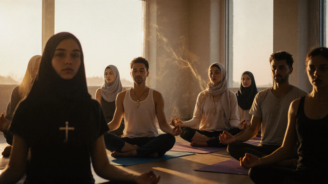 Diverse people meditate together in silence at dawn, their breath visible as golden waves.