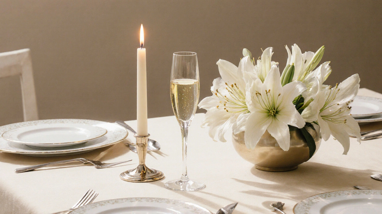 Elegant dinner setting with a glass raised for a birthday toast.