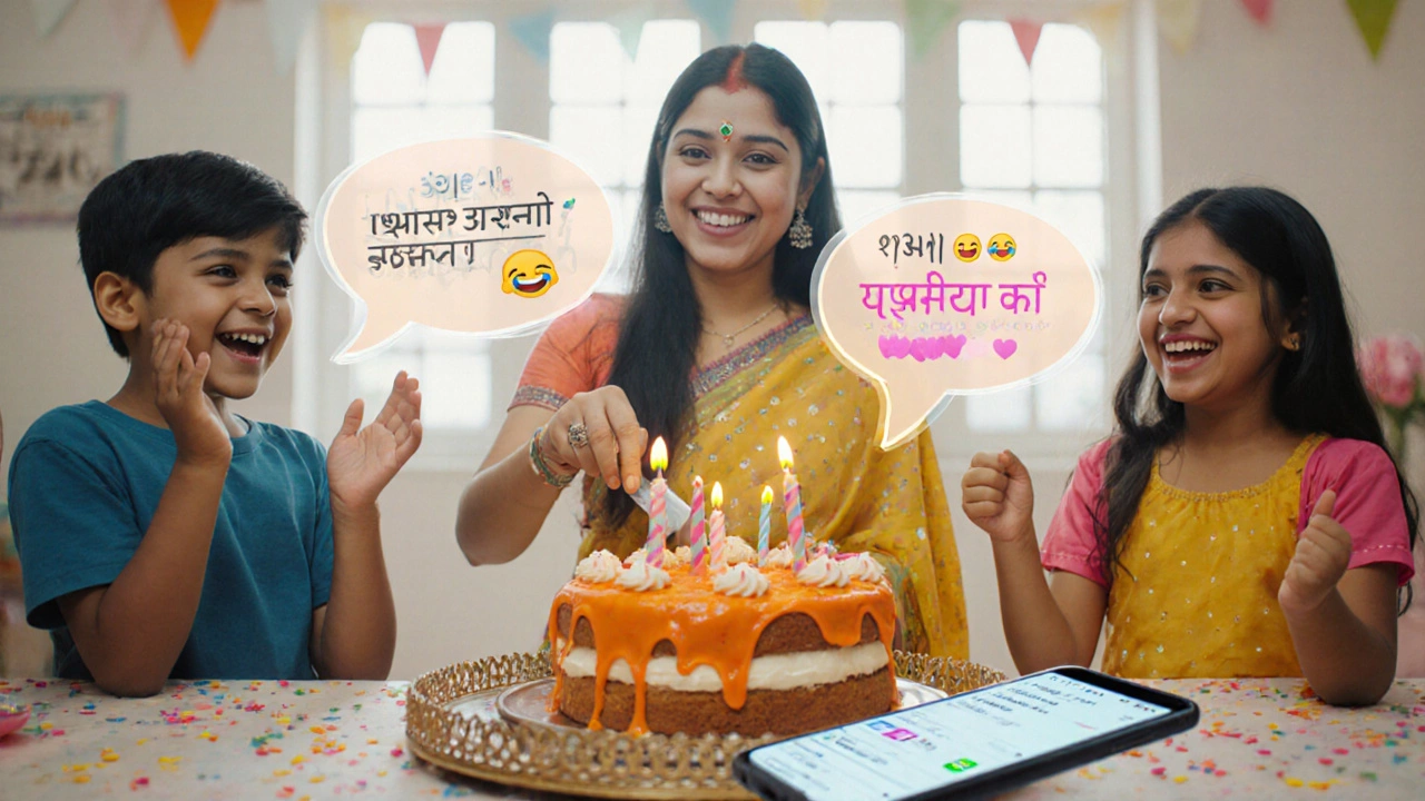 Family birthday scene with mother cutting cake, speech bubbles of a bilingual caption, and phone showing likes.
