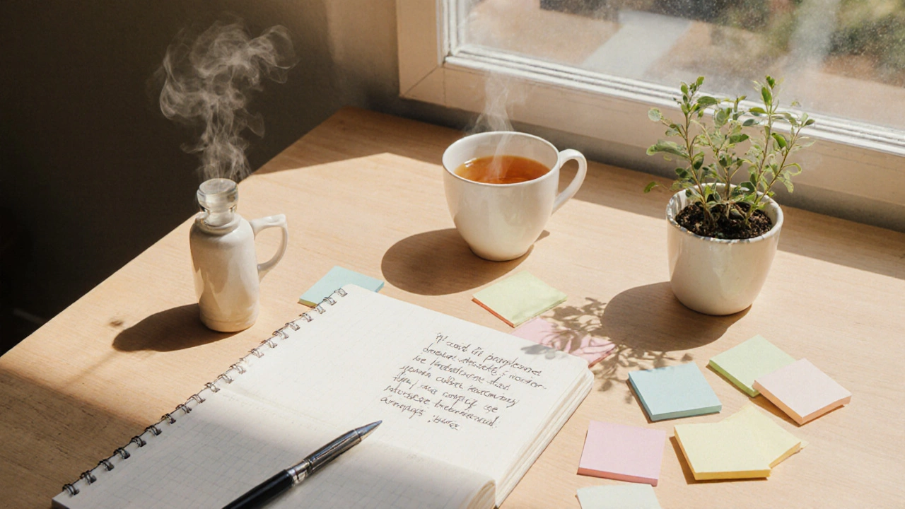 Flat‑lay desk with notebook, handwritten quote, tea, pen, sticky notes, and sprouting seedling.