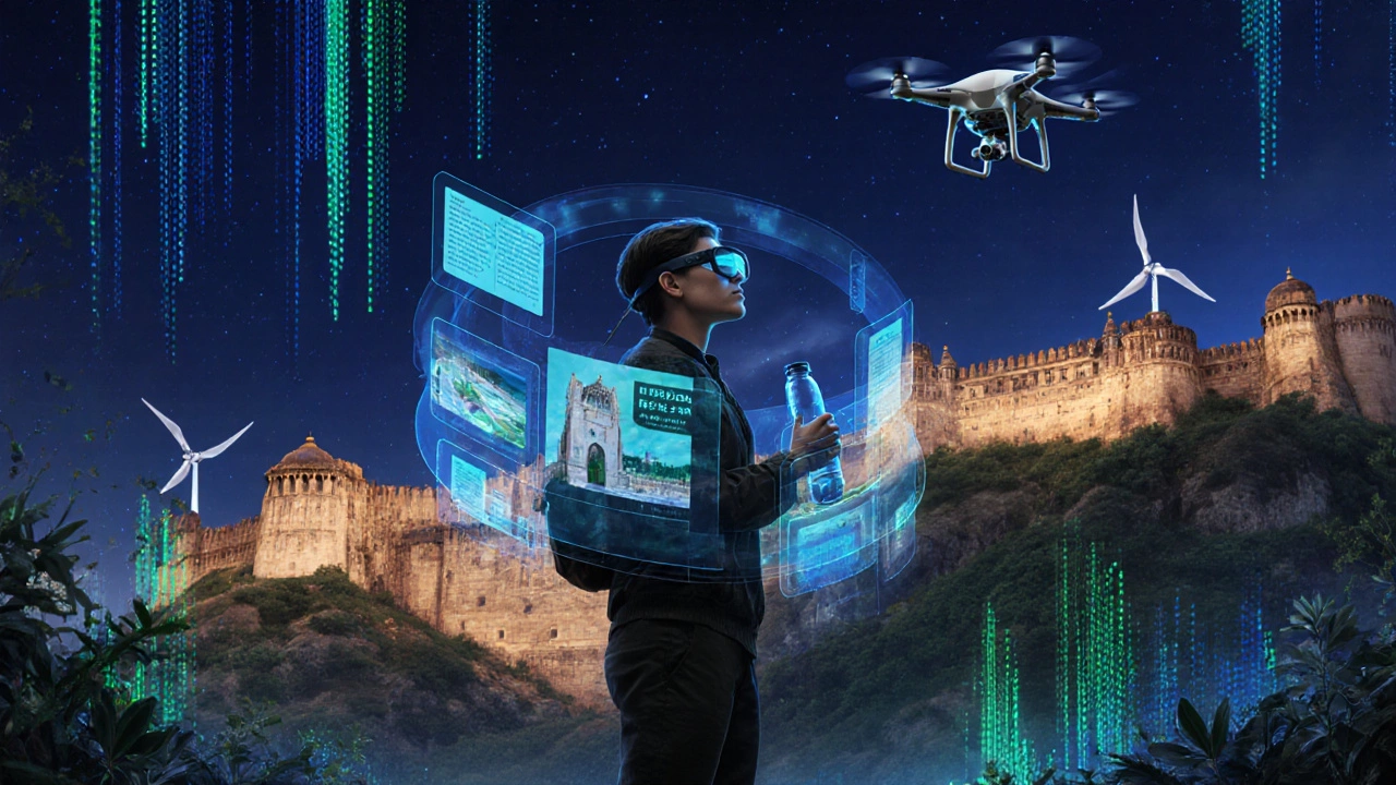 Futuristic traveler using AR glasses at a historic site with eco‑friendly hotel, drone, and glowing night sky.