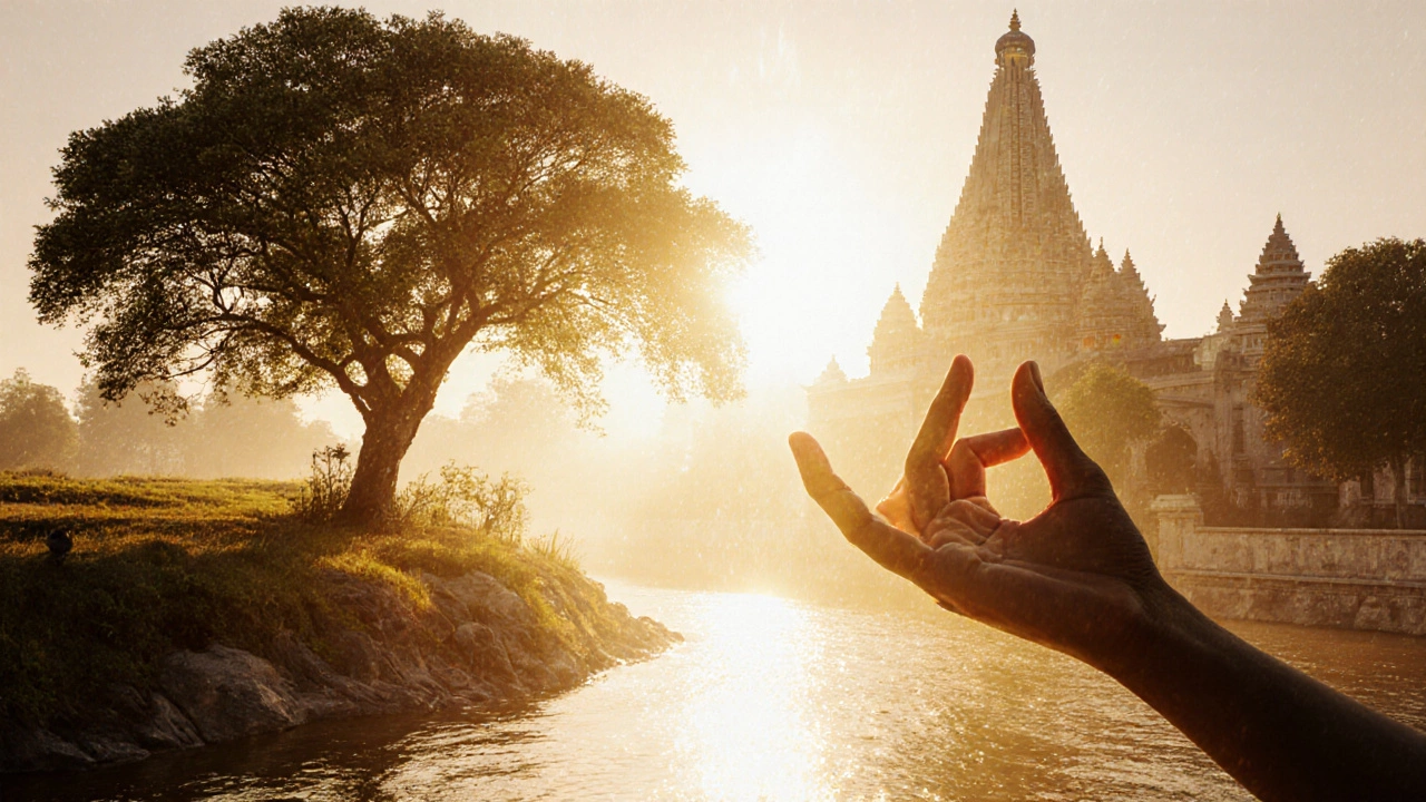 Golden light flows through nature and human forms, blending them into one unified energy.