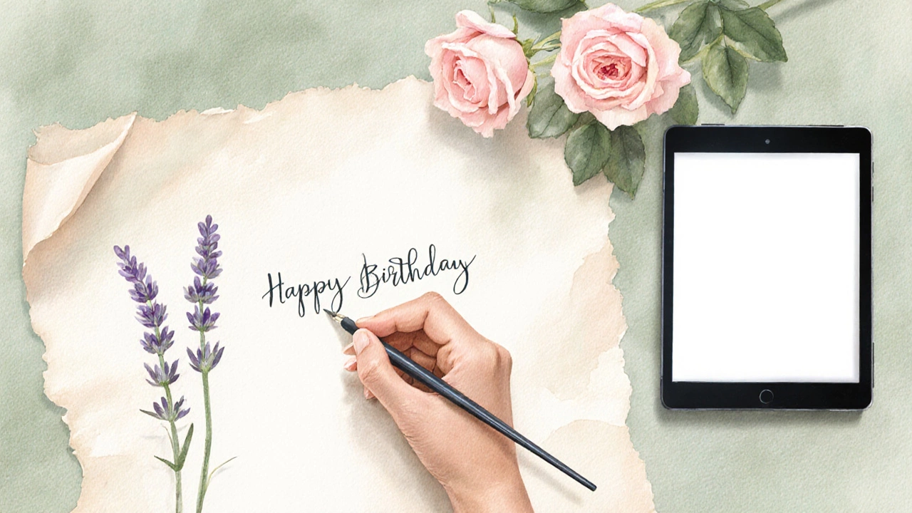 Hand writing a birthday note beside lavender and a tablet showing a clean e‑card.