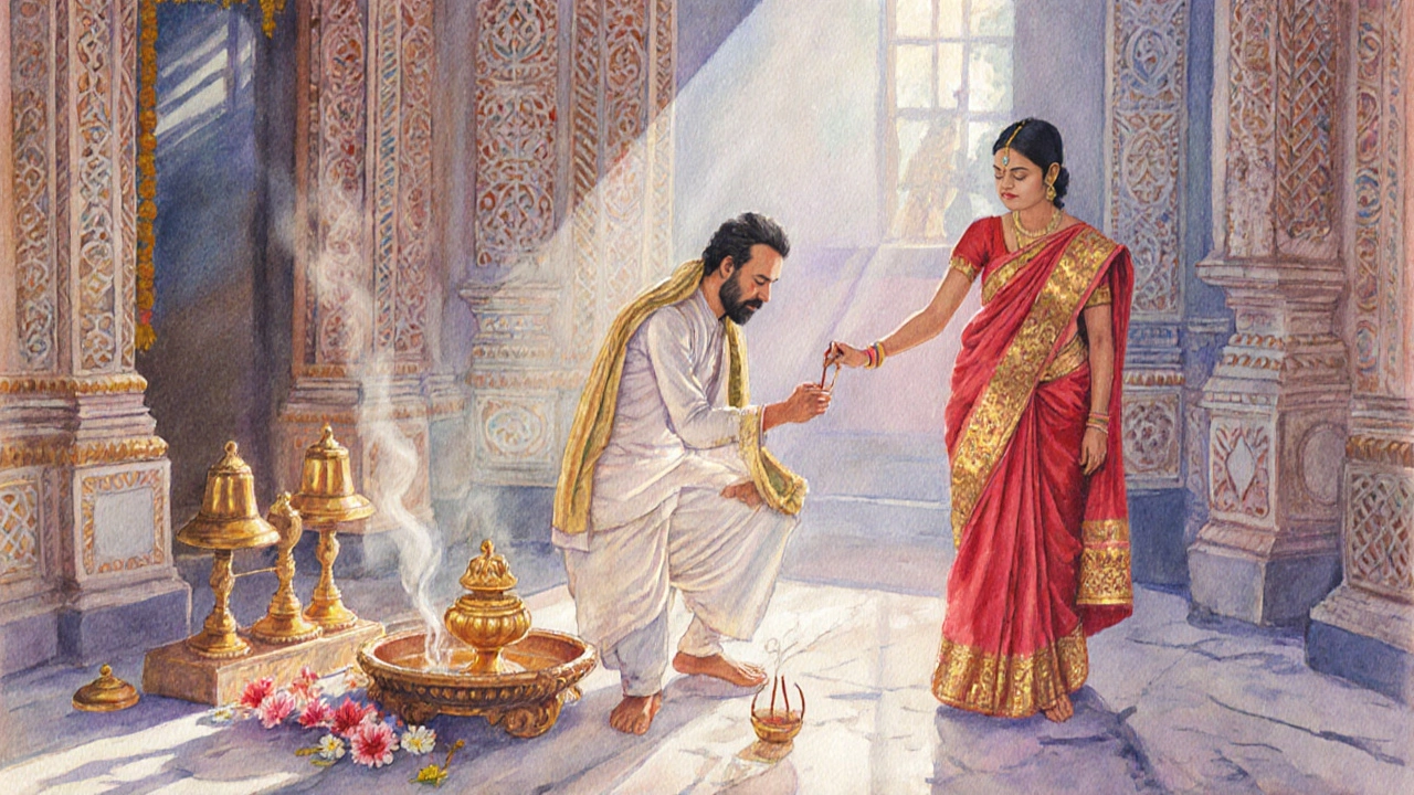 Hindu man in dhoti and woman in red sari performing puja inside a temple.