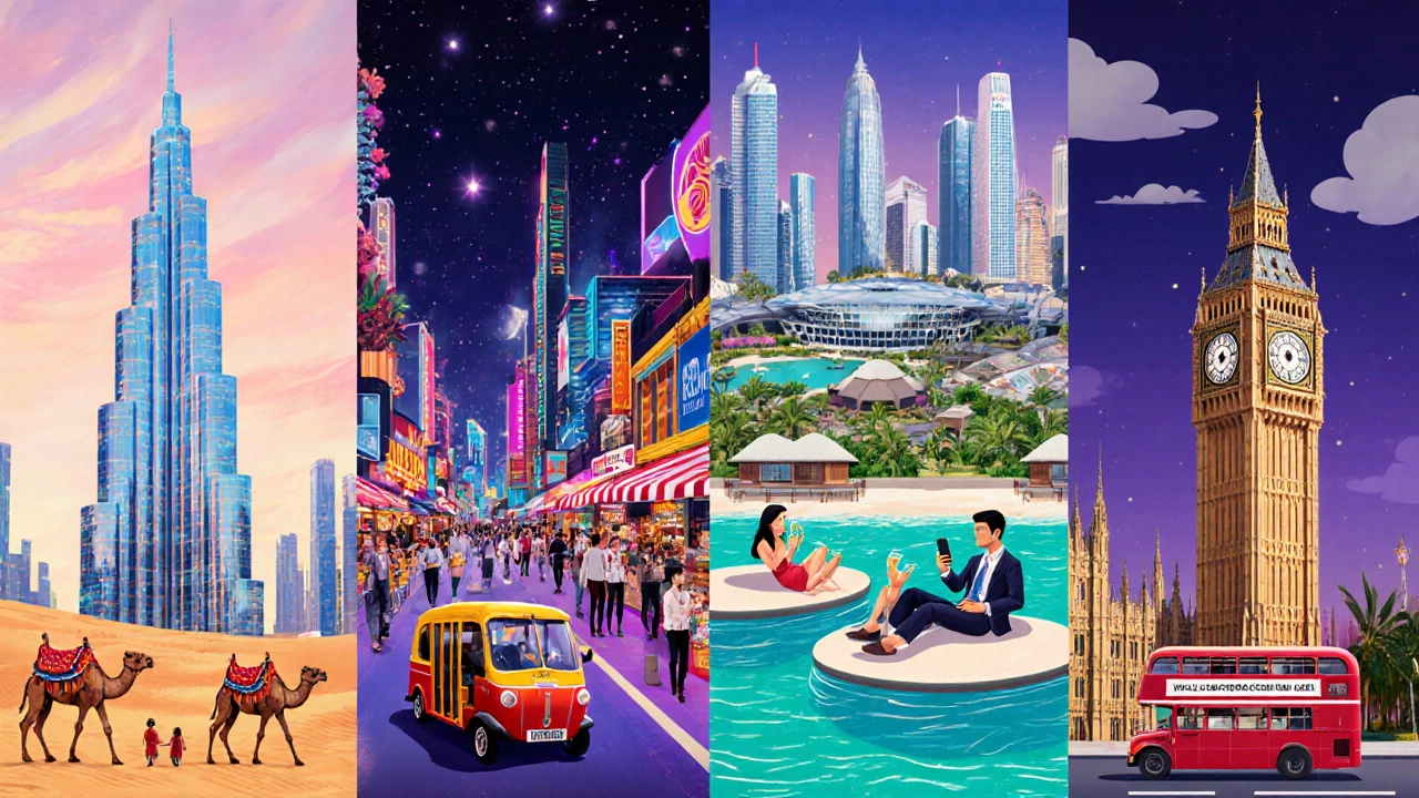 Illustrated collage of Dubai, Bangkok, Singapore, Maldives, and London with Indian tourists.