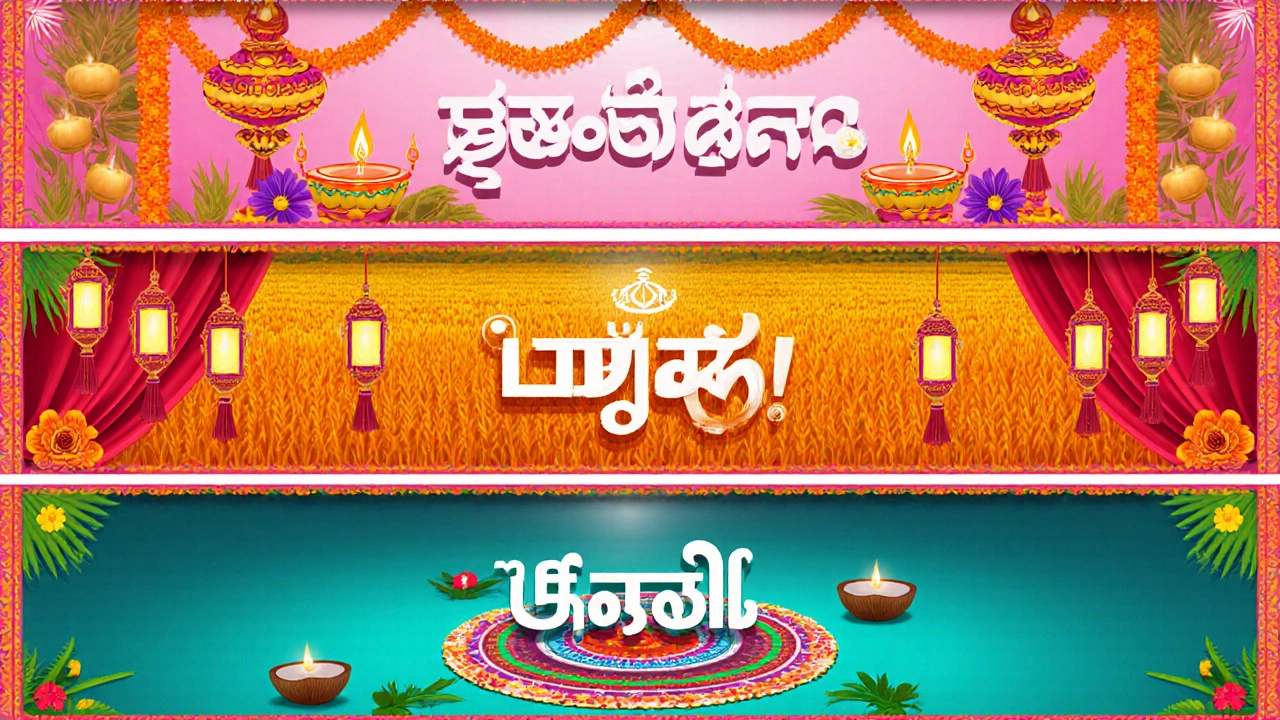Illustrated three panels showing Hindi, Punjabi, and Tamil birthday captions with corresponding cultural motifs.