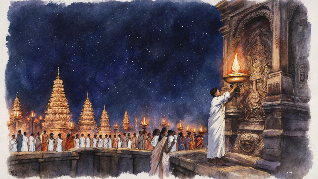 Karthigai Deepam night scene with towering oil lamps illuminating a temple rooftop.