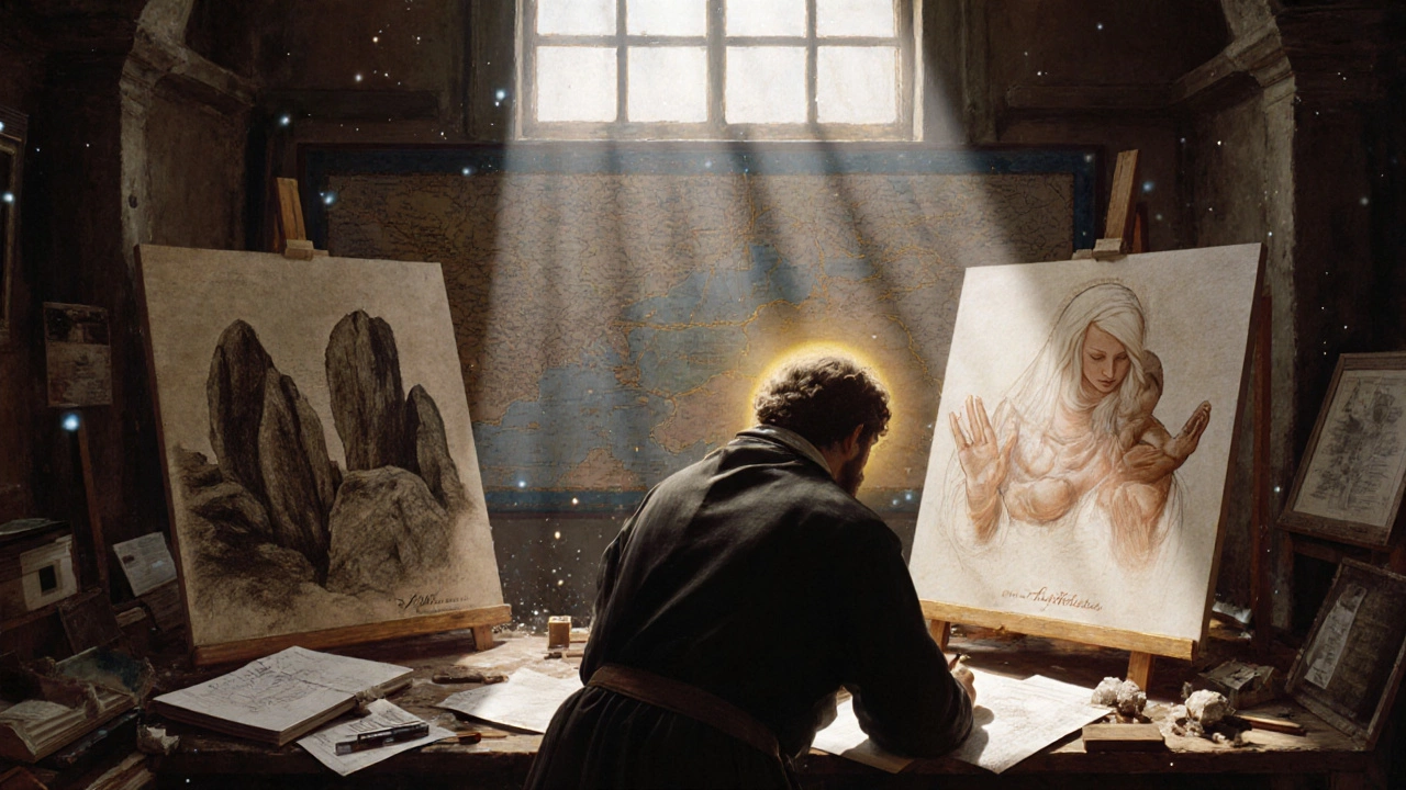Leonardo sketching two Virgin of the Rocks panels, surrounded by maps and symbolic light.