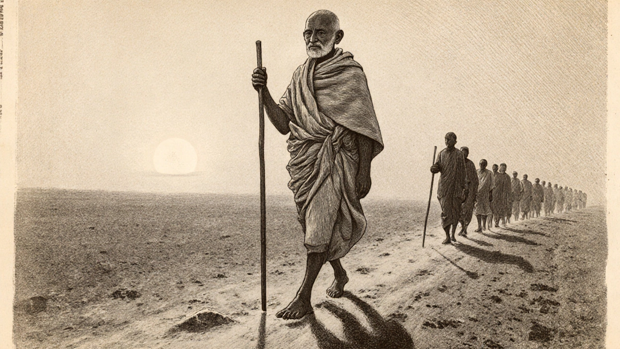Mahatma Gandhi leading the Salt March, walking across a dusty road.