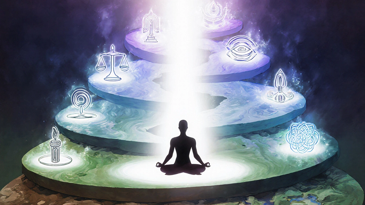 Mandala staircase showing eight yoga limbs as glowing symbols around a meditating figure.
