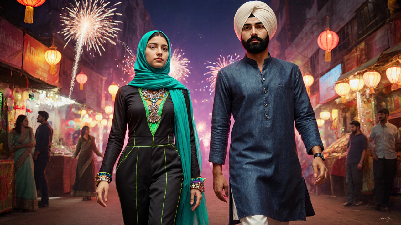 Modern Indian street scene with stylish sari jumpsuit, neon hijab, and turban.