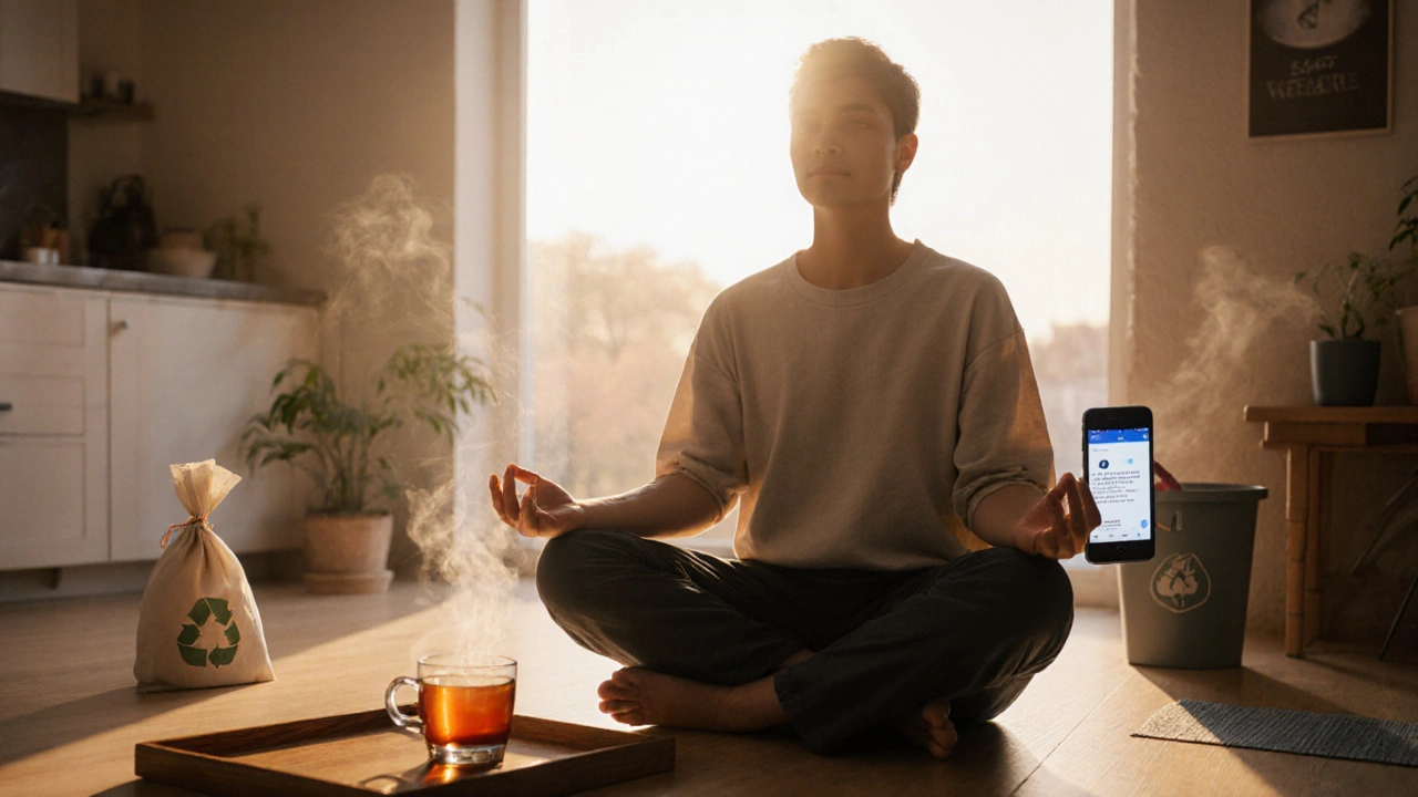 Person meditating in sunrise kitchen, practicing mindfulness and ethical actions.