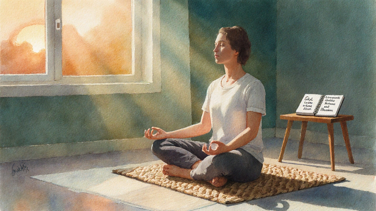 Person meditating with yoga at sunrise, writing a purpose‑driven goal.