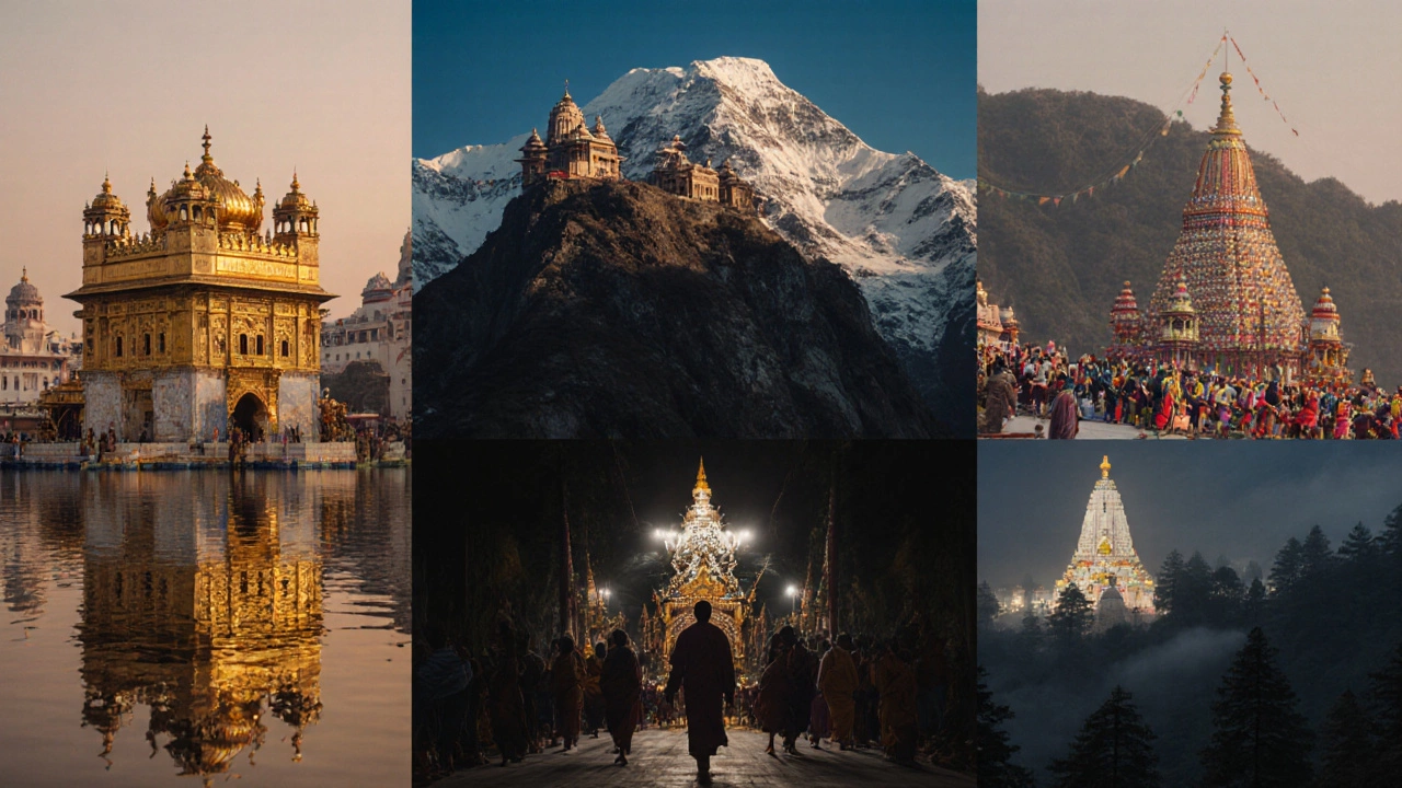 Pilgrim traversing iconic Indian spiritual sites from the Golden Temple to the Himalayas.