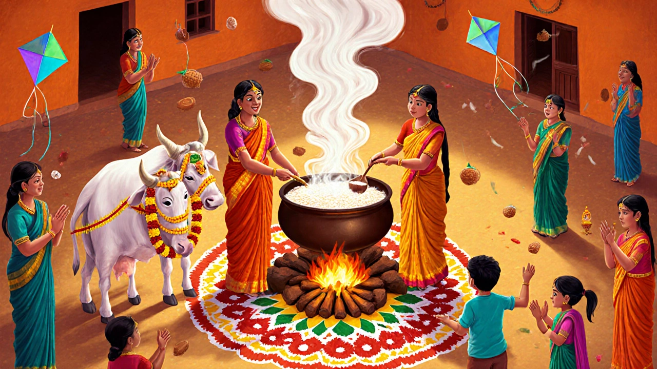 Pongal celebration with women cooking sweet rice, decorated cattle, and colorful rangoli.