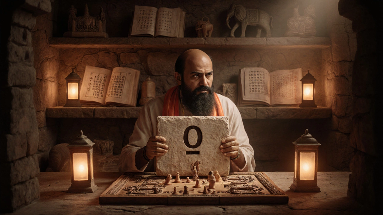 Scholar examining a stone tablet with zero while a chaturanga board sits nearby.