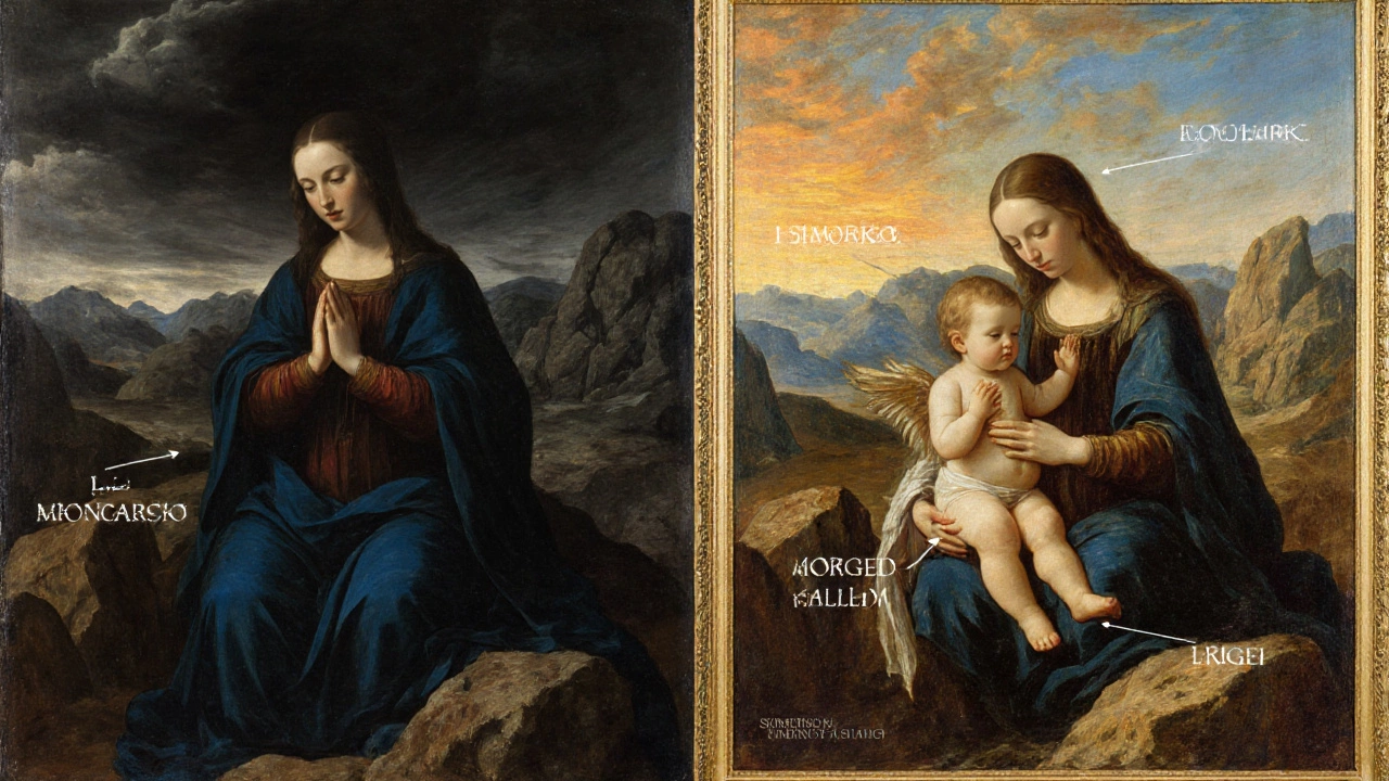 Side‑by‑side view of the Louvre and National Gallery versions showing sky and figure differences.