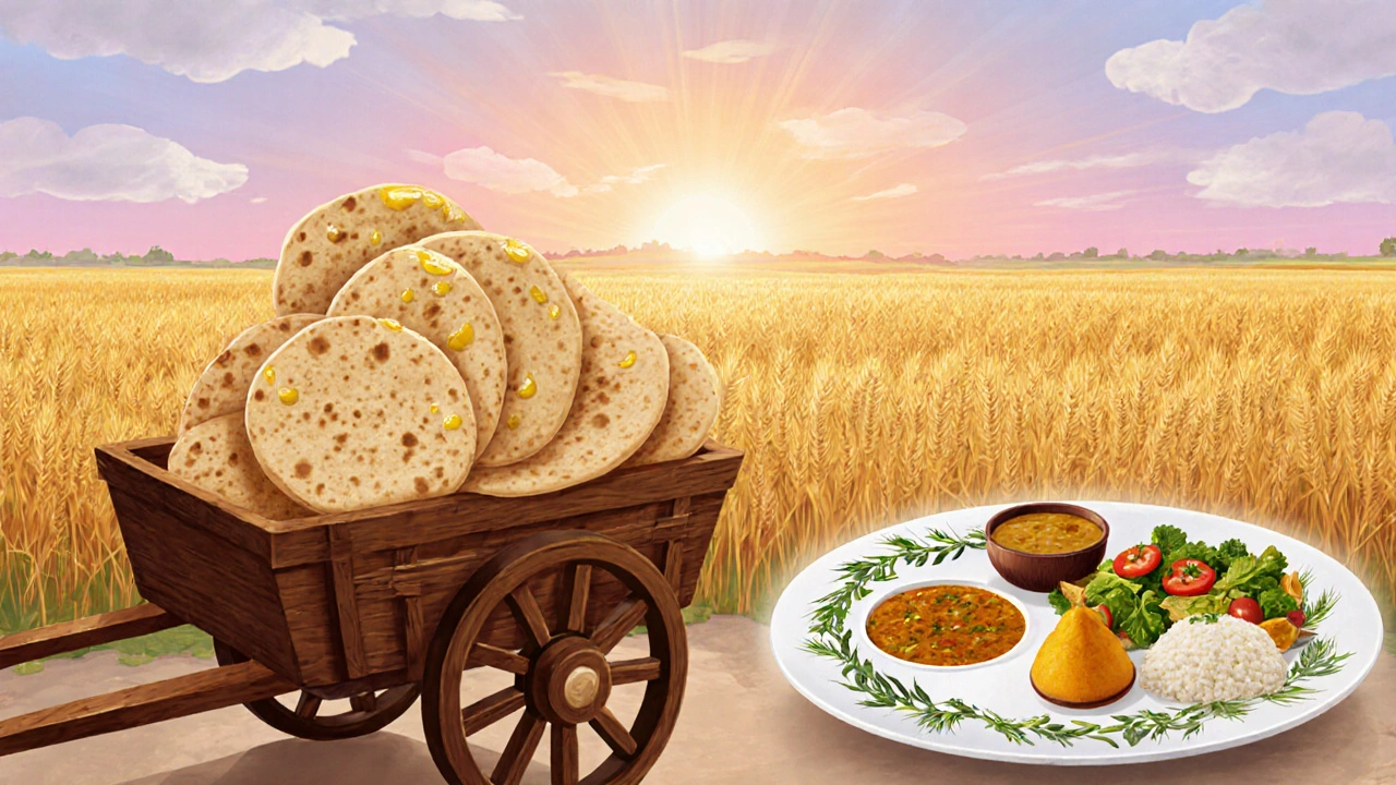 Sunrise over Gujarat wheat fields with a cart of roti and a balanced Ayurvedic plate.