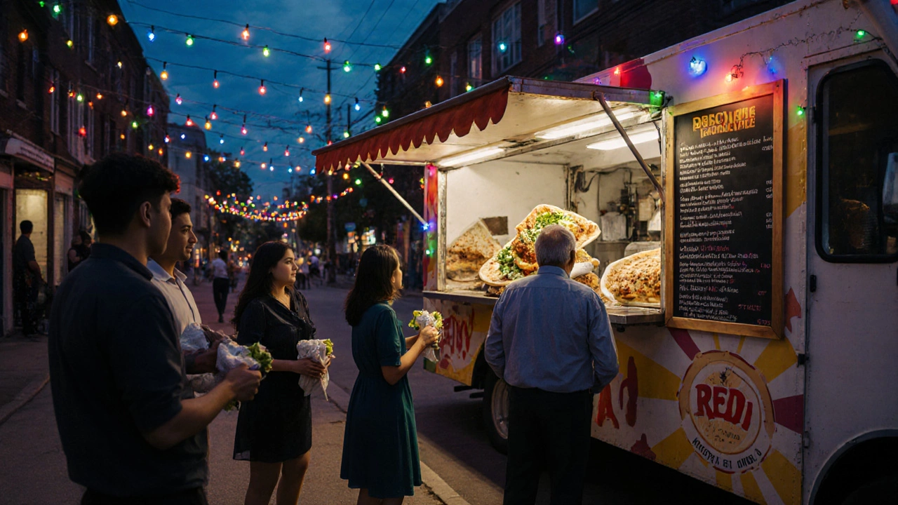 Toronto food truck serving roti wraps to a diverse crowd at dusk.