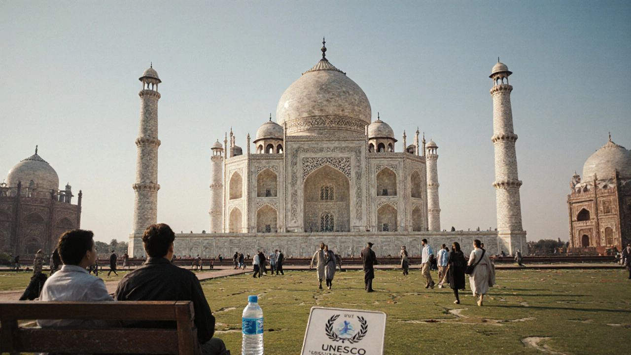 Visitors in modest dress walk the garden with Taj Mahal towering behind.