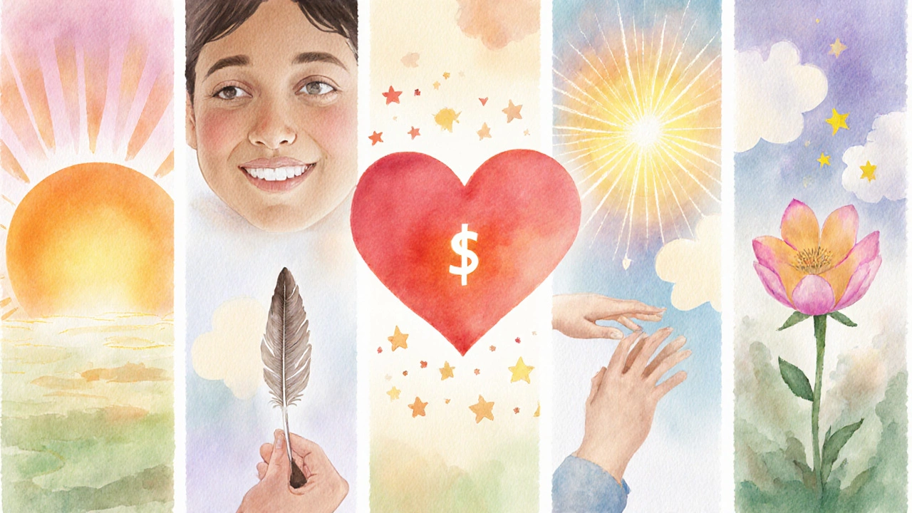 Watercolor cascade of symbols: sunrise smile, heart with love, feather of hope, grateful heart turning clouds to stars, seedling blossoming.