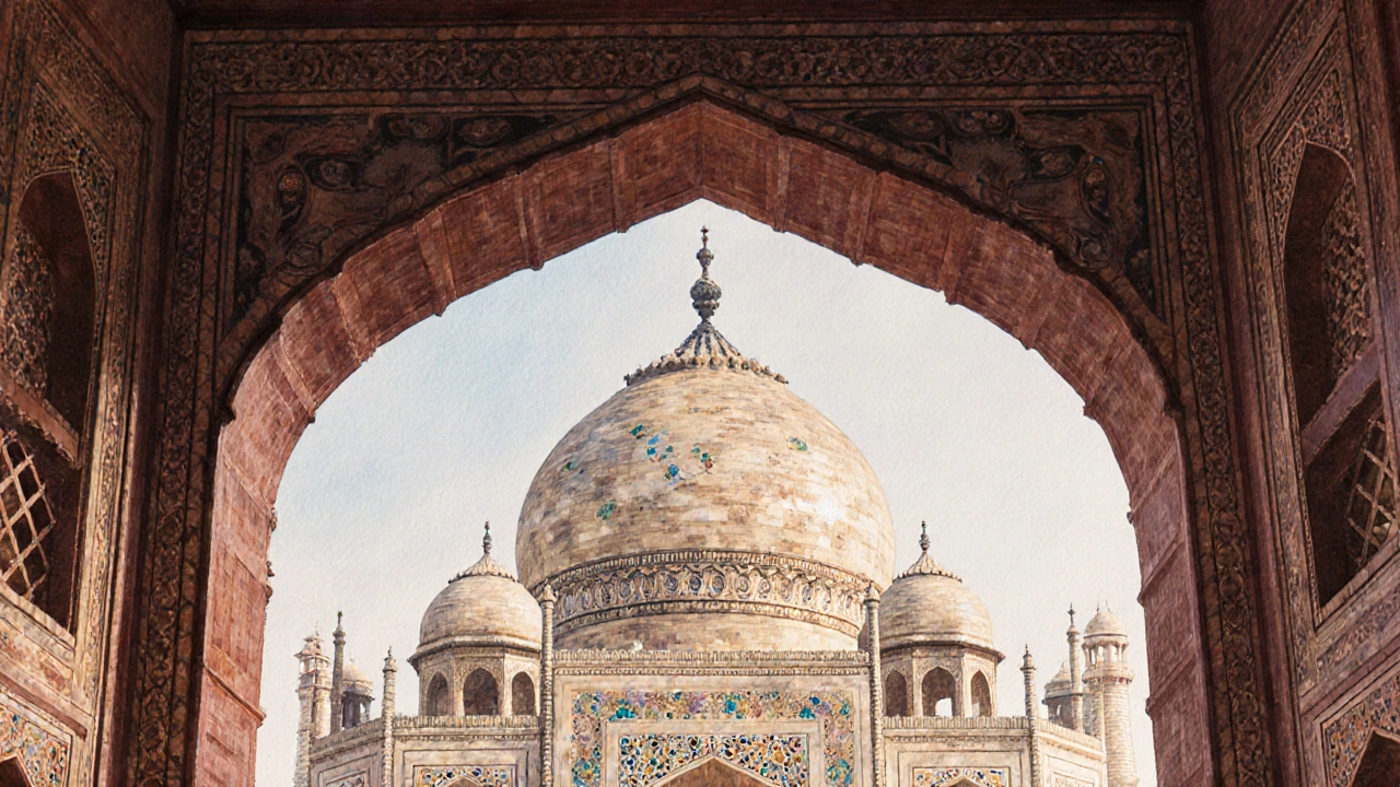 Watercolor close‑up of Taj Mahal dome showing marble inlay and calligraphy.