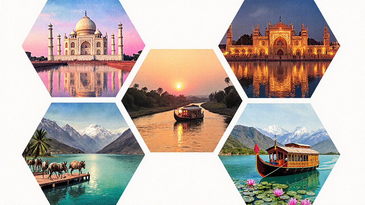Watercolor collage of Taj Mahal, Varanasi ghats, Kerala backwaters houseboat, Ladakh lake, and yoga retreat.