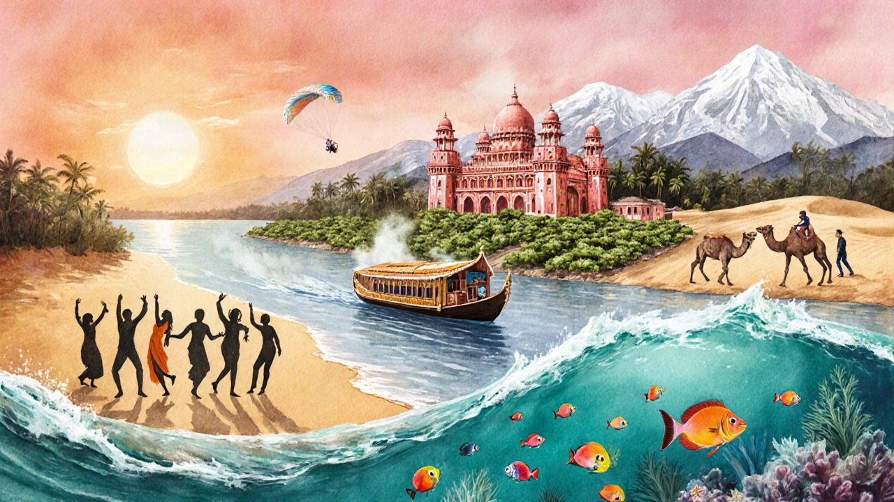 Watercolor montage of Goa beach, Kerala backwaters, Rajasthan forts, Himachal hills, Andaman reef.