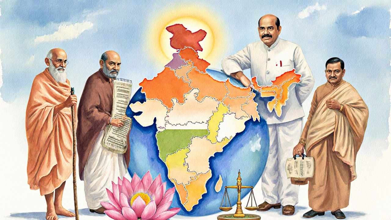 Watercolor of Gandhi, Tagore, Nehru, Patel, and Ambedkar around a map of India.