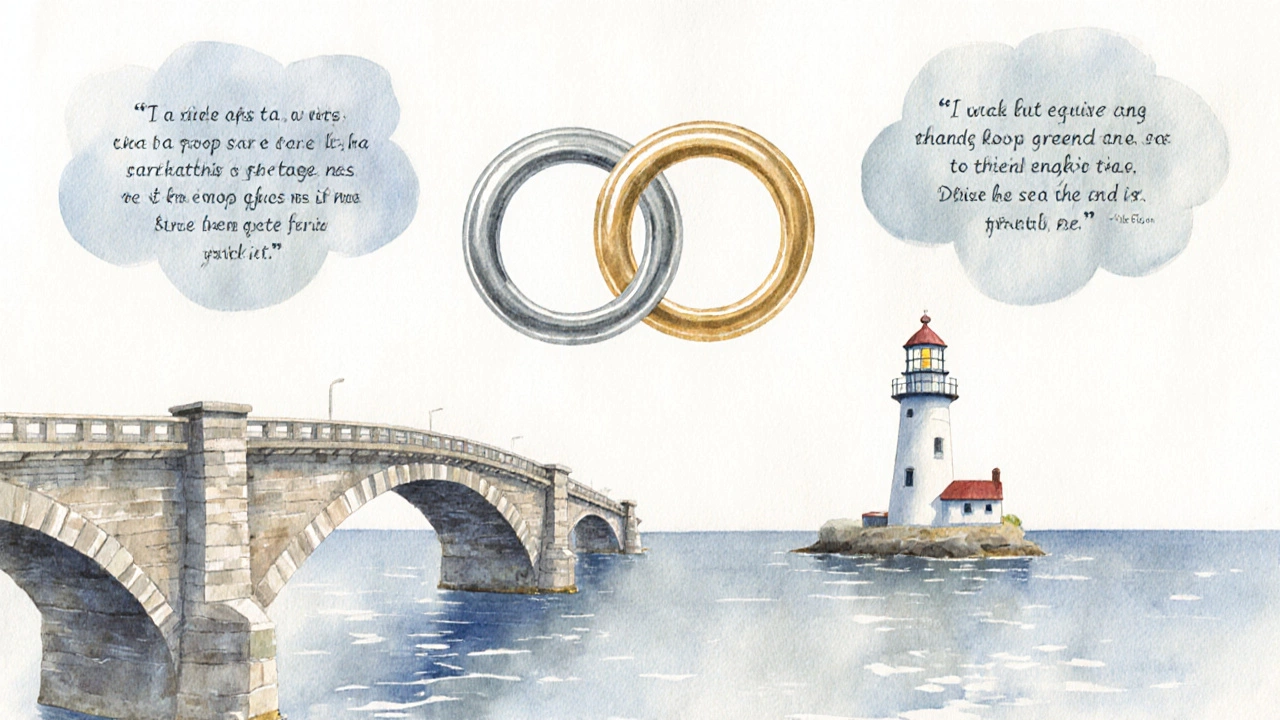 Watercolor scene of a bridge, rings, and lighthouse symbolizing trust, loyalty, companionship.
