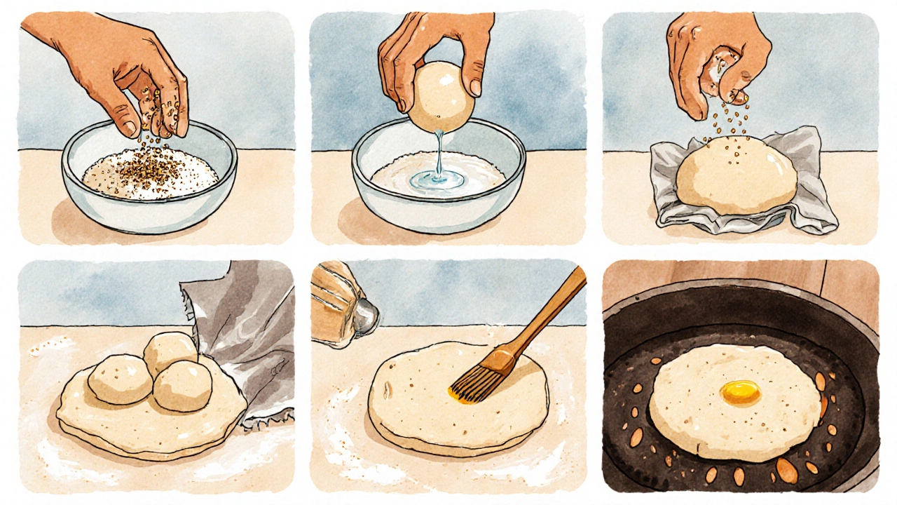 Watercolor steps showing dough mixing, resting, rolling, and cooking roti on a tava.