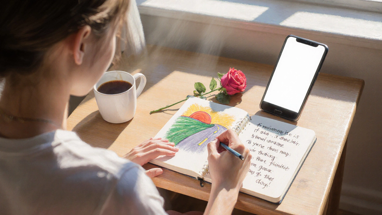 Woman writing a short friendship note by a sunny window with coffee.