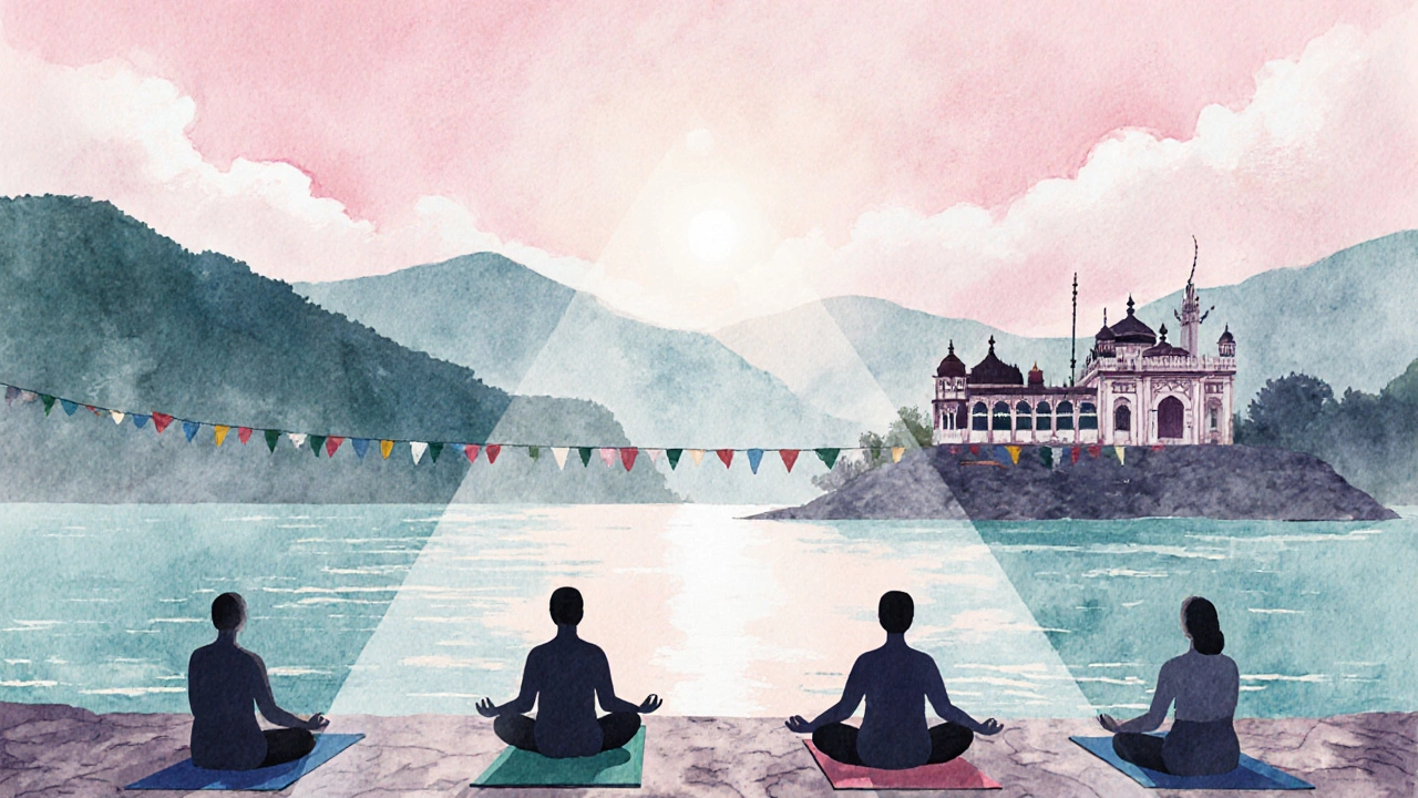 Yoga session at Rishikesh riverbank with misty mountains in the background.