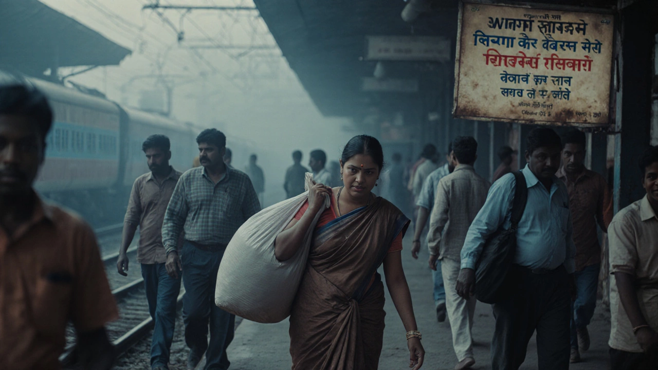 A determined woman walking through a misty Indian train station at dawn with a motivational poster in the background.