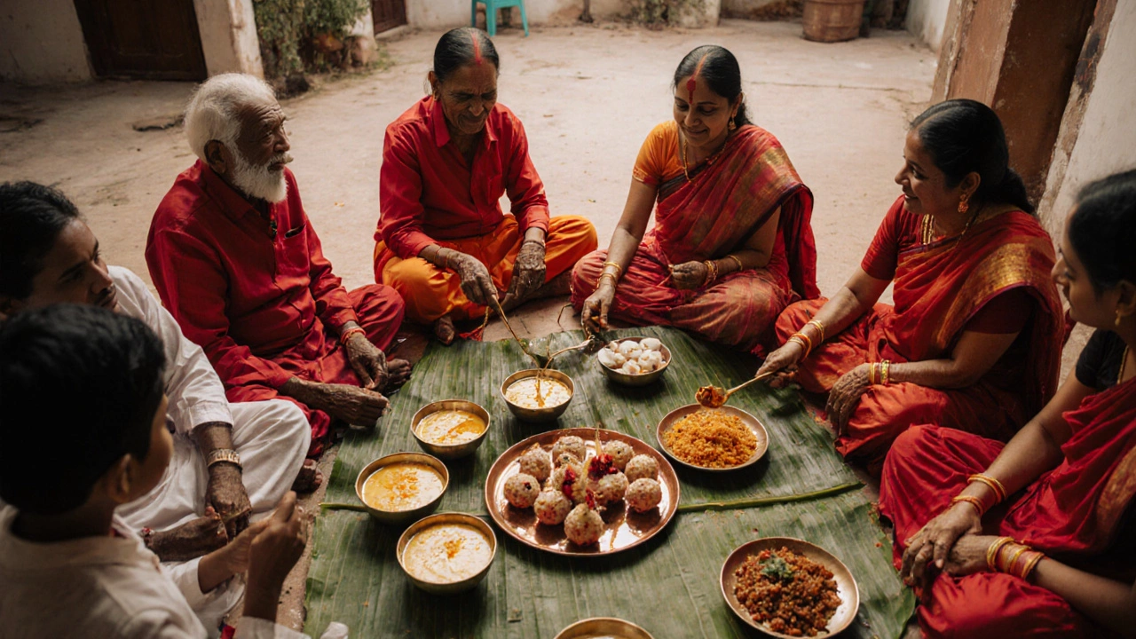 A family shares a traditional birthday meal on banana leaves with sweets and savory dishes.