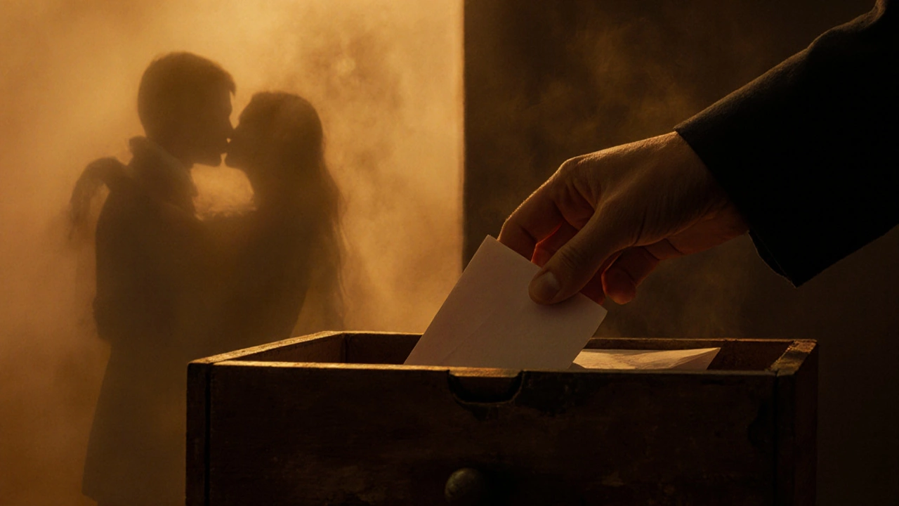 A hand places a folded note into a worn wooden drawer, shadows of a past embrace fading behind.