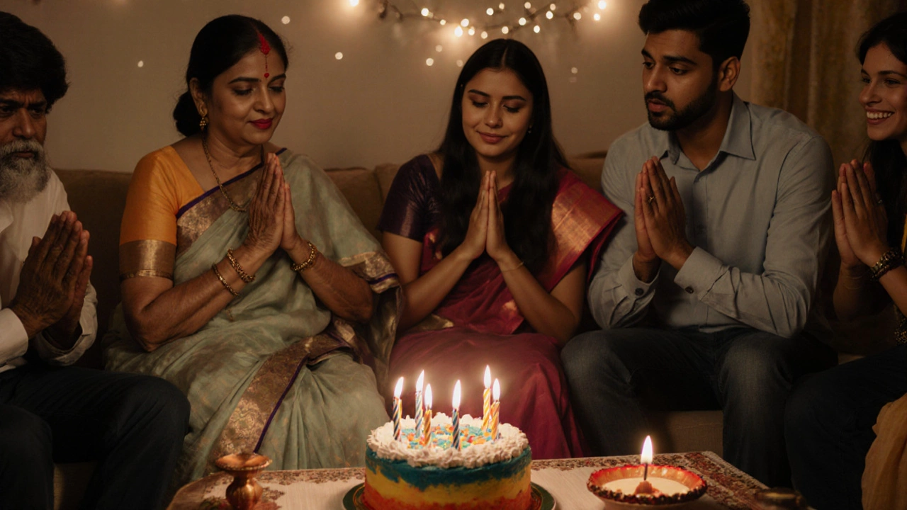 A modern Indian birthday celebration blends cake, candles, and a small home altar with family gathered together.