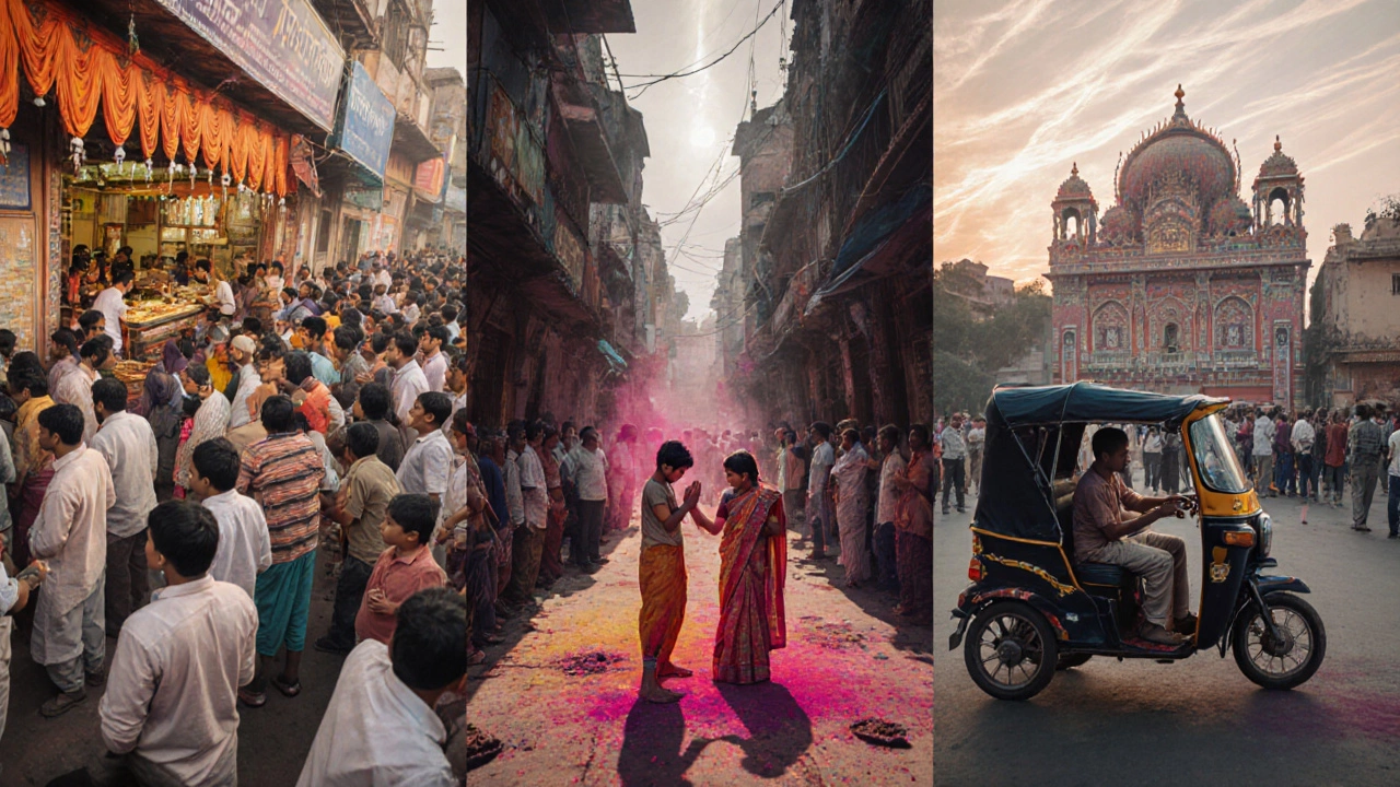 A vibrant collage of Indian daily life: langar, Holi celebration, and temple prayer under dawn light.