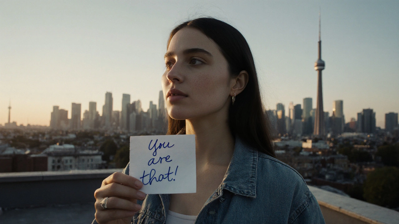 A woman on a Toronto rooftop holds a spiritual quote, calm amid the bustling city.