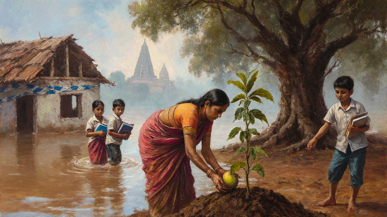 A woman plants a mango sapling beside her rebuilt home after a flood in rural India.