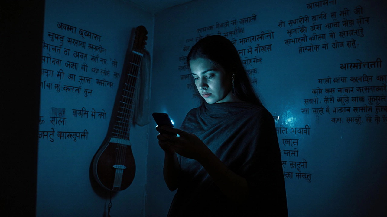 A woman staring at a dark phone screen at night, surrounded by layered poetry on the wall.